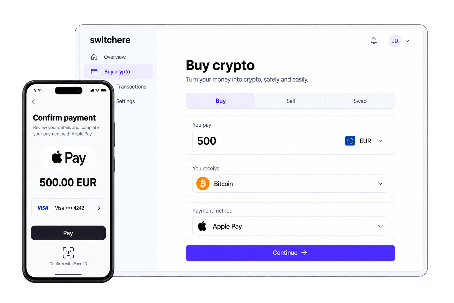 Switchere desktop purchase interface and iPhone Apple Pay confirmation