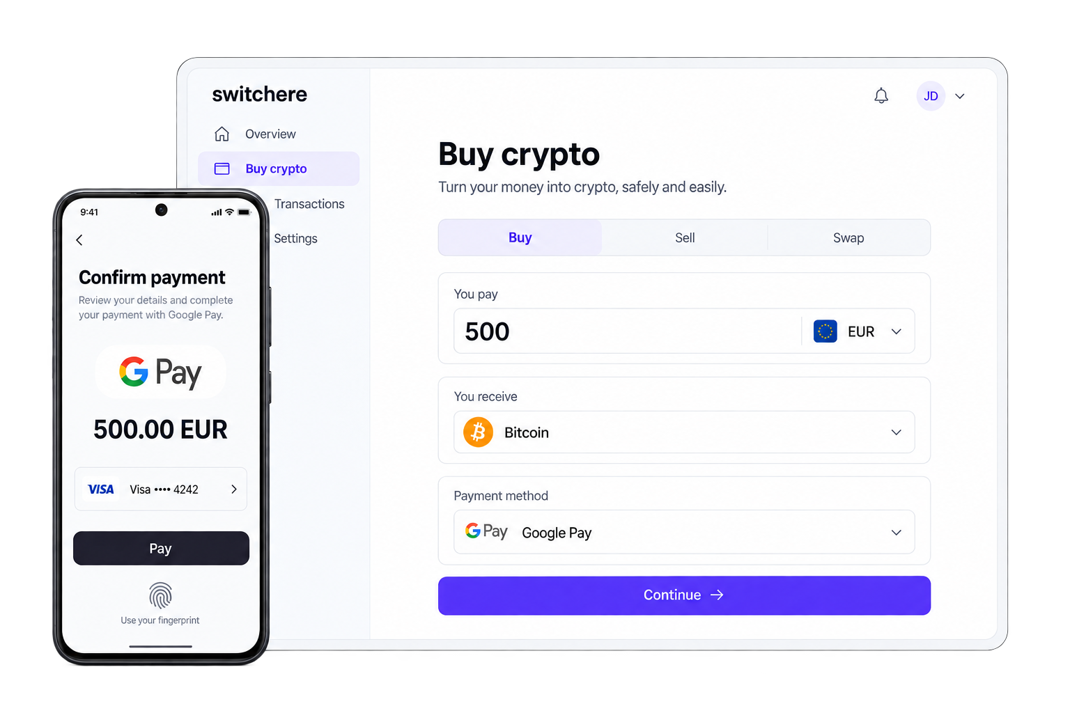 Switchere desktop purchase interface and mobile Google Pay confirmation